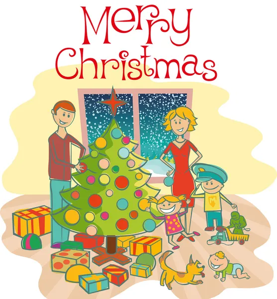 Feliz familia vistiendo el árbol de Navidad — Archivo Imágenes Vectoriales