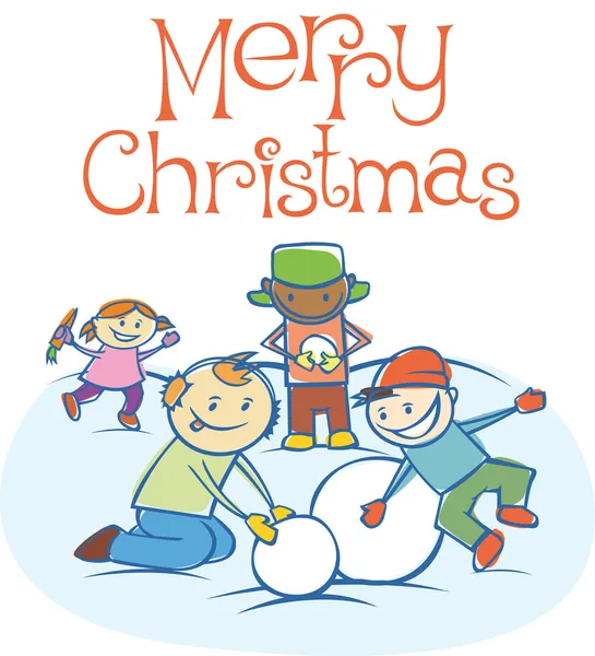 Kids making a snow man on Xmas — Stock Vector