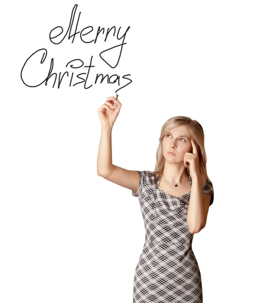 Podnikatelka psaní Veselé Vánoce — Stock fotografie