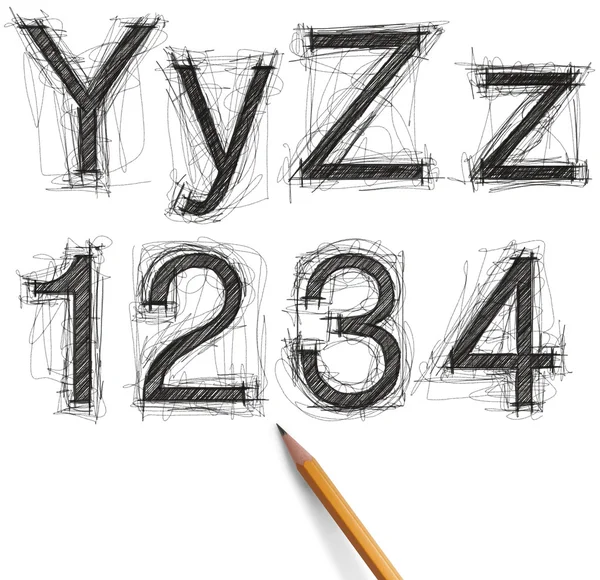 Esboço letras e números com lápis novo — Fotografia de Stock