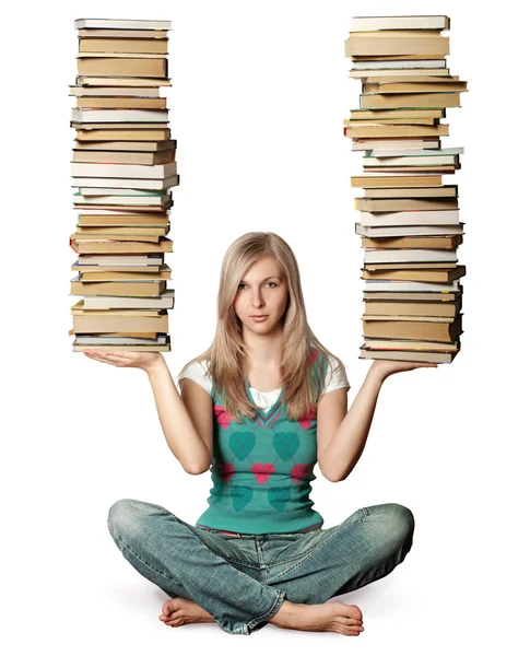 Mujer en pose de loto con muchos libros en sus manos — Foto de Stock