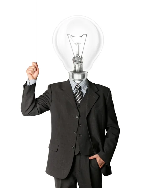 Uomo d'affari accendere la testa della lampadina hith Fotografia Stock