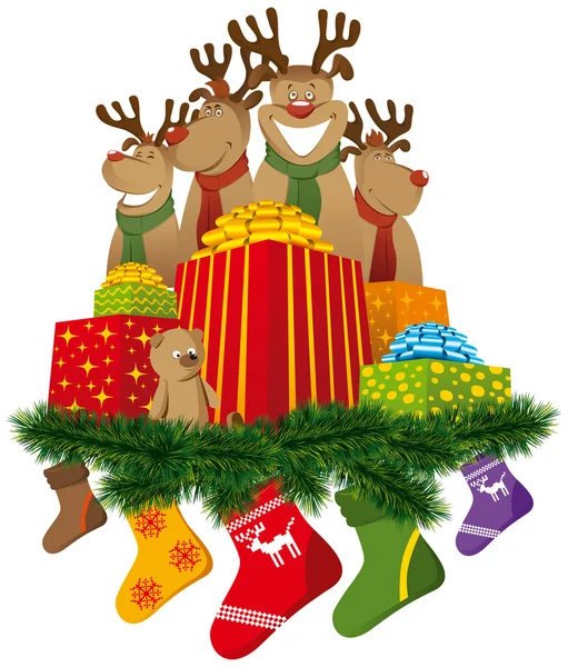 Rennes de Noël avec chaussettes et cadeaux de Noël — Image vectorielle