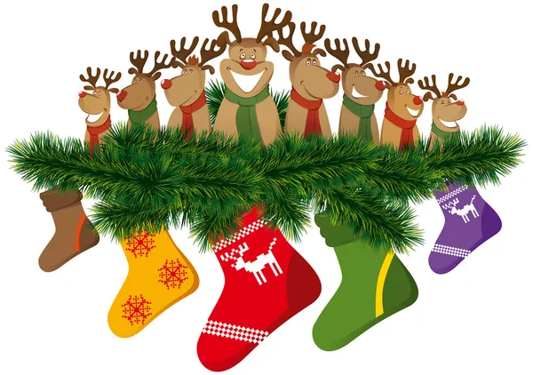 Rennes de Noël avec chaussettes de Noël — Image vectorielle