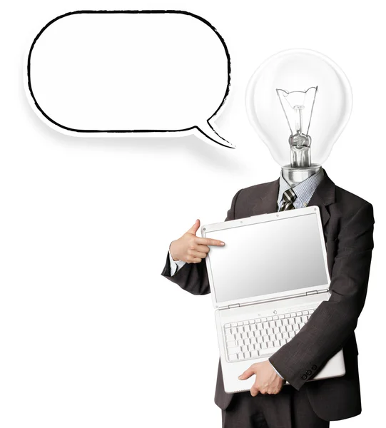 Uomo d'affari con testa di lampada e laptop e bolla di fumetti — Foto Stock