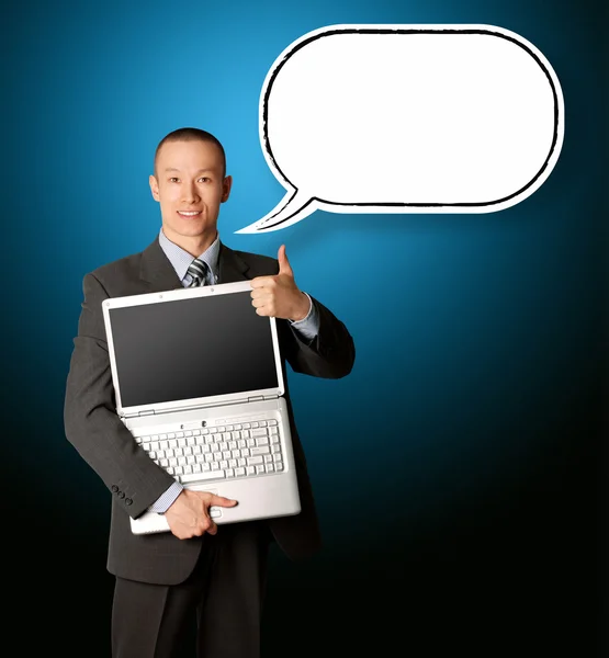 Homme d'affaires avec ordinateur portable et bulle de pensée — Photo
