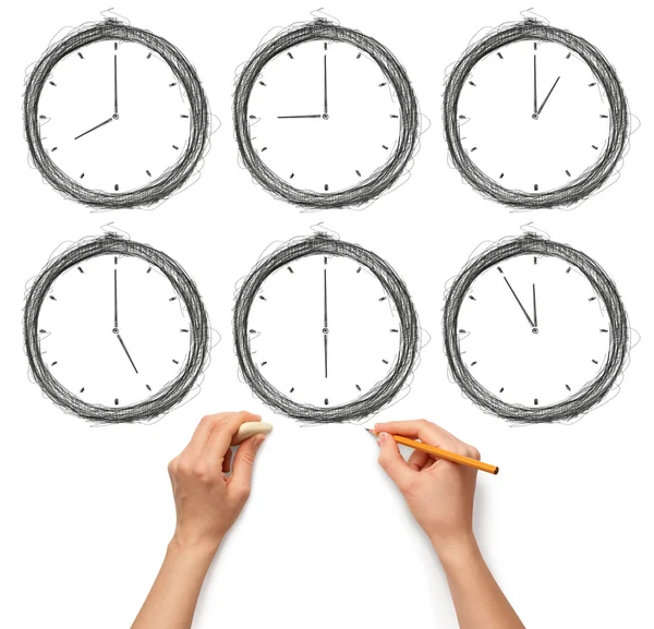 Sketch clock with human hands with pencil and eraser — Stock Photo, Image