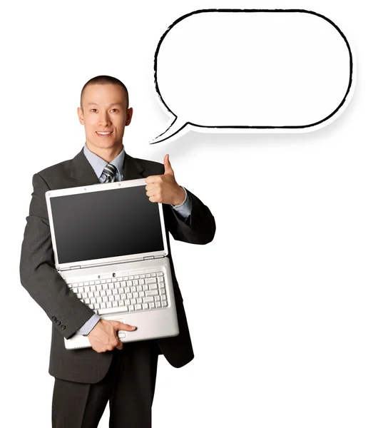 Businessman with laptop and thought bubble — Stock Photo, Image