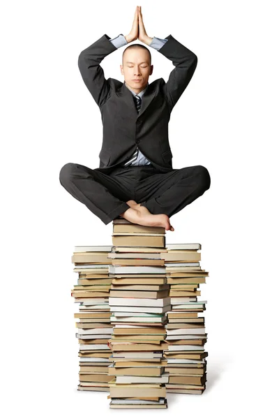 Empresário Lótus Posar Com Muitos Livros Perto Isolado Branco — Fotografia de Stock