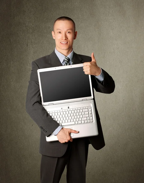 Podnikatel Drahých Šatech Otevřenou Laptop Ukazuje Welldone — Stock fotografie