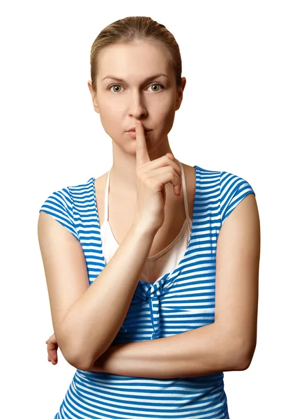 Sportliche Frau Mit Fingernahem Mund Isoliert Auf Weißem Hintergrund — Stockfoto