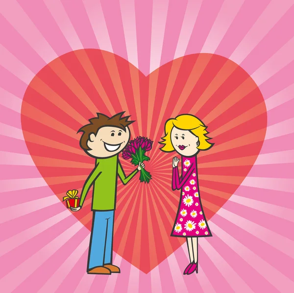 Vektor Illustration Eines Paares Valentinstag Männchen Mit Geschenk Und Geschenk — Stockvektor