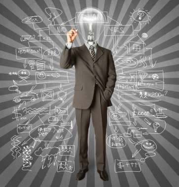 Businessman with lamp-head and marker clipart