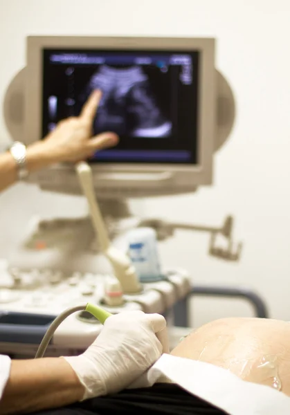 stock image Medical examining pregnant belly by ultrasonic scan