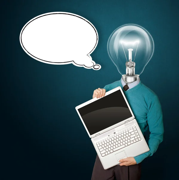Male with lamp-head in blue with laptop and comics bubble — Stock Photo, Image