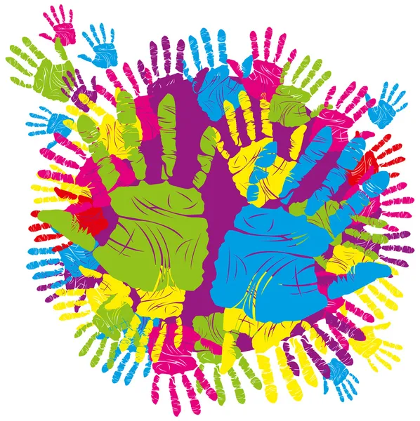 Wektor Kolor Dzieci Rodziców Handprints Oznacza Różne Symbole — Wektor stockowy