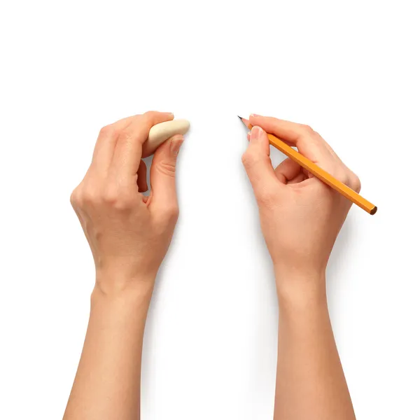 Human hands with pencil and erase rubber — Stock Photo, Image