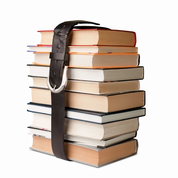 Viele Bücher Stapeln Sich Mit Schwarzem Ledergürtel — Stockfoto