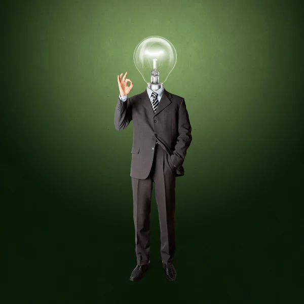 Volledige Lengte Business Man Met Lamp Hoofd Pak Toont — Stockfoto