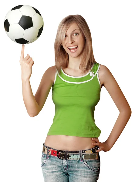 Šťastná dívka s fotbalovým míčem — Stock fotografie