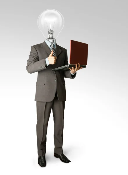 Retrato de comprimento total do empresário cabeça de lâmpada com laptop — Fotografia de Stock