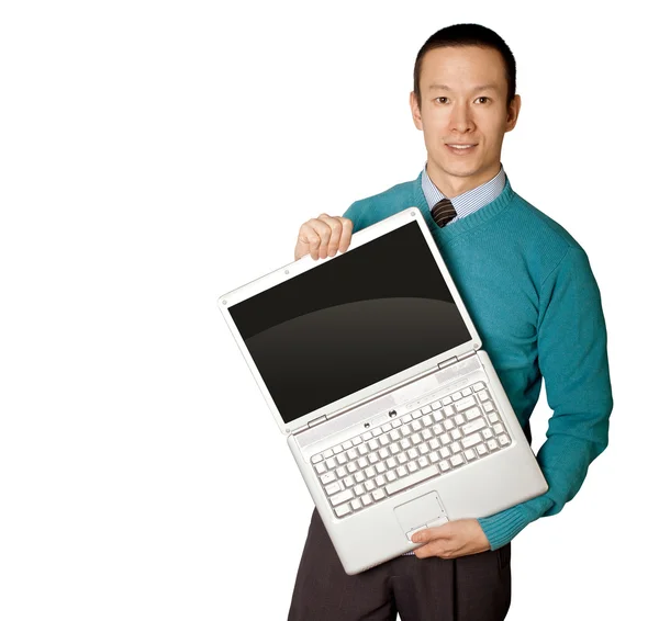 Male in blue with laptop — Stock Photo, Image