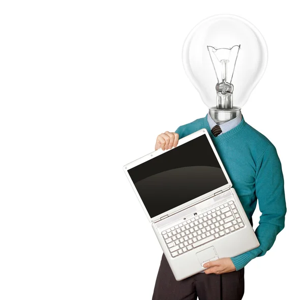Man met lamp-hoofd in blauw met laptop — Stockfoto