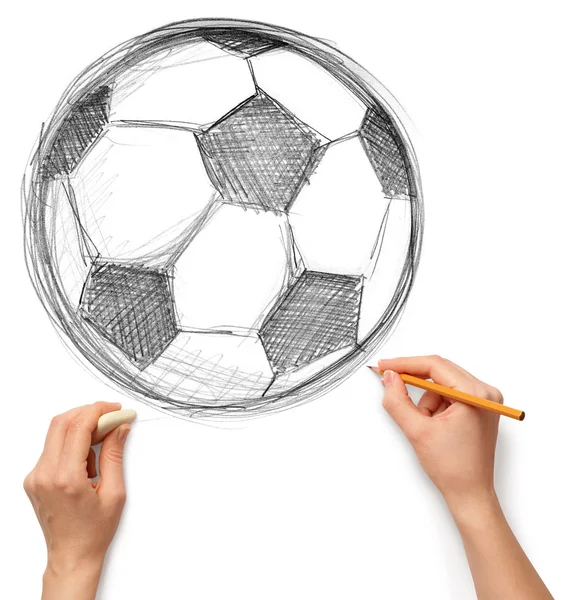 Soccer football ball and hand with pencil — Stock Photo, Image