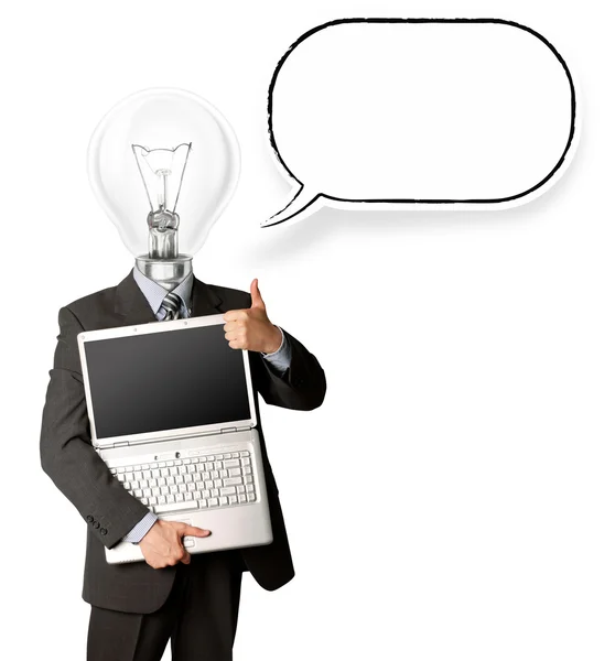 Businessman with lamp-head with open laptop and bubble — Stock Photo, Image