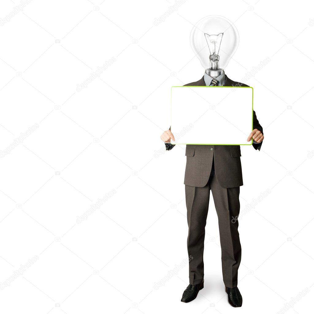 Happy businessman with lamp-head holding card