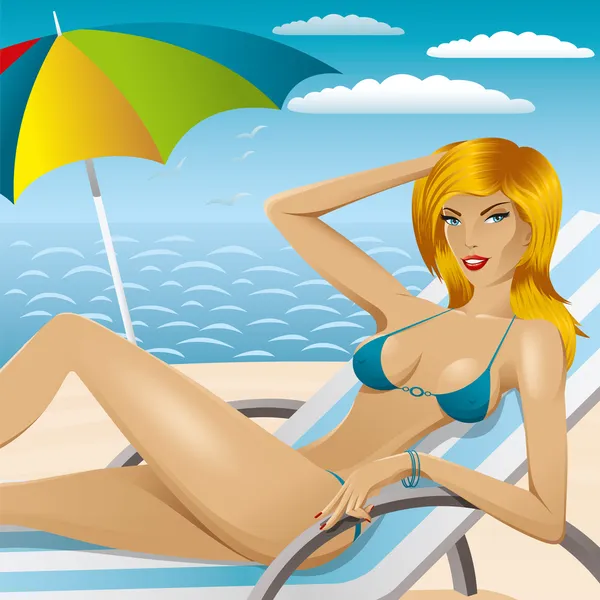 Sexy žena v plavkách na pláži 2 — Stockový vektor