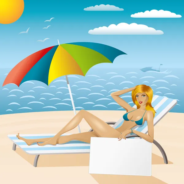 Mujer sexy en bikini en la playa con tablero epmty 2 — Archivo Imágenes Vectoriales