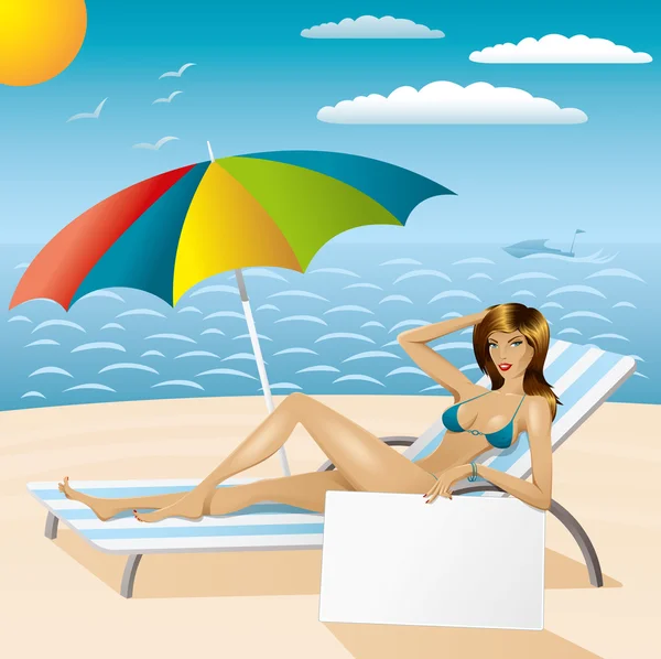 Sexy vrouw in bikini op het strand met epmty Raad — Stockvector