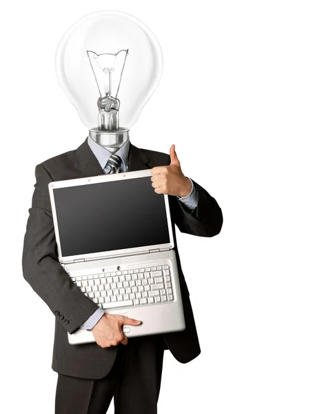 Empresario con cabeza de lámpara con portátil abierto muestra bien hecho —  Fotos de Stock
