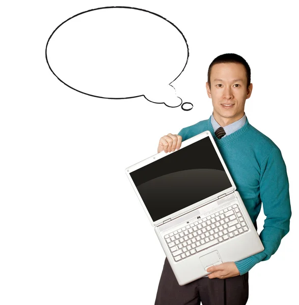 Masculino em azul com laptop e quadrinhos bolha — Fotografia de Stock