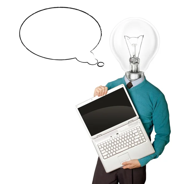 Maschio con testa di lampada in blu con computer portatile e bolla fumetti — Foto Stock