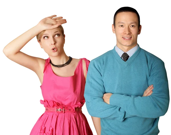 Female in pink and male in blue — Stock Photo, Image