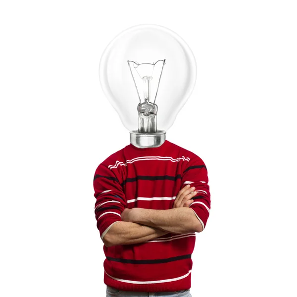 Masculino em vermelho e cabeça de lâmpada — Fotografia de Stock