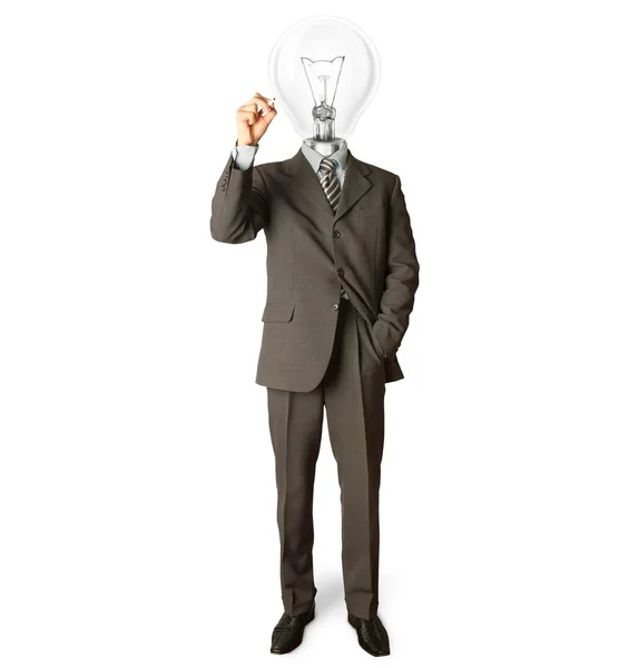 Businessman with lamp-head and marker — Stock Photo, Image