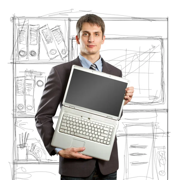 Biznesmen z otwartym laptopem w ręce — Zdjęcie stockowe