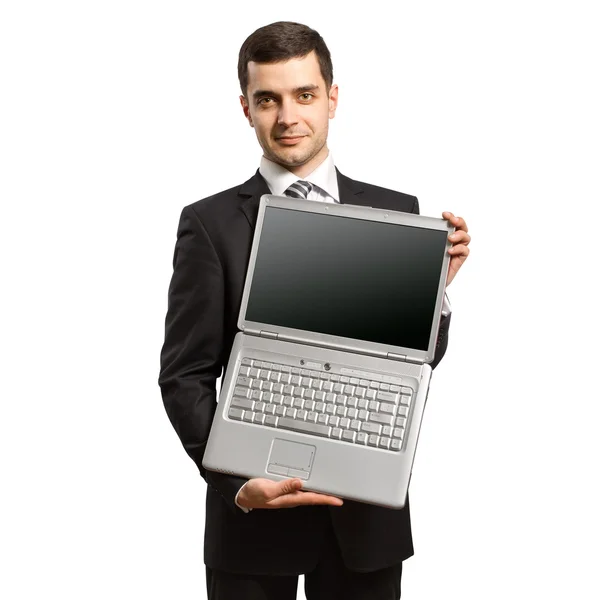 Affärsman med öppna laptop i hans händer — Stockfoto
