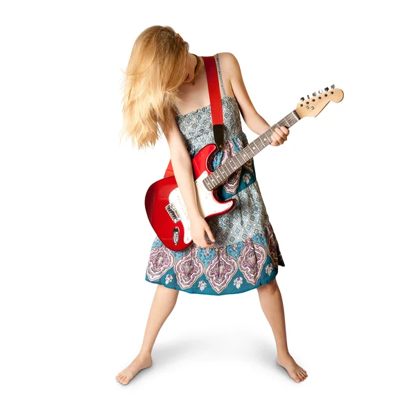Hippie κορίτσι με ηλεκτρική κιθάρα — Φωτογραφία Αρχείου