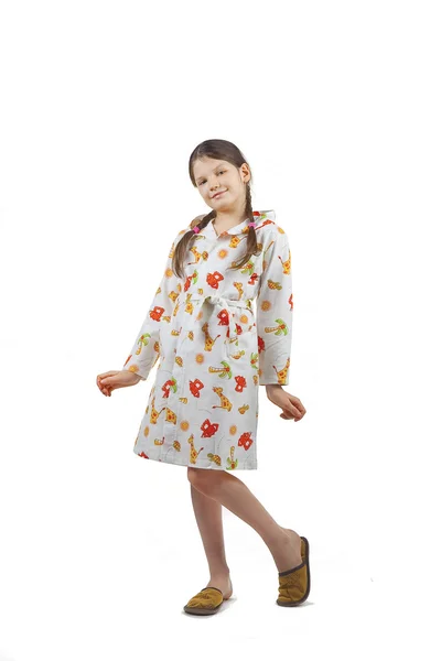 Girl on a white background in a dressing gown — Stock Photo, Image