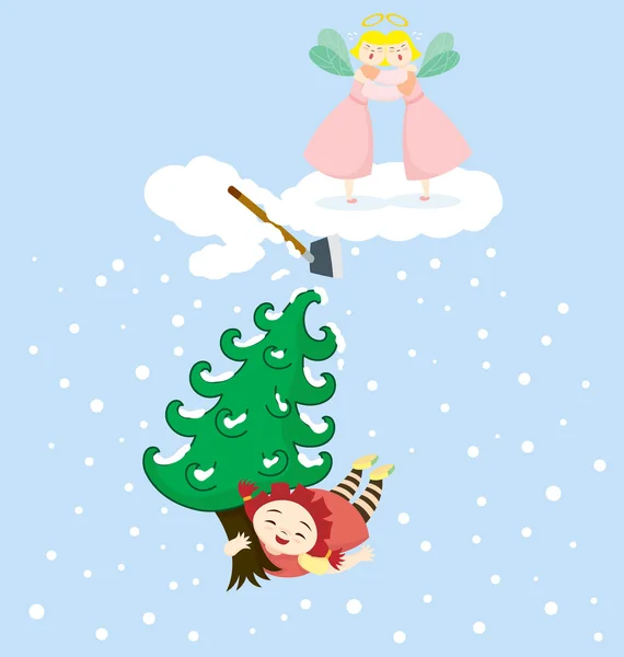 Little Girl Character Stole Christmas Tree Two Angel — Stock Vector