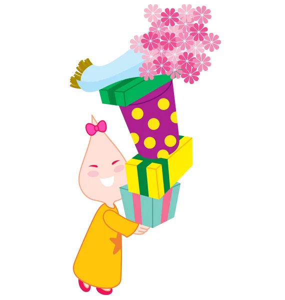 Ένα Μικρό Κορίτσι Χαρακτήρα Κρατώντας Πολλά Προκαθορισμένα Ένα Μάτσο Λουλούδια — Διανυσματικό Αρχείο