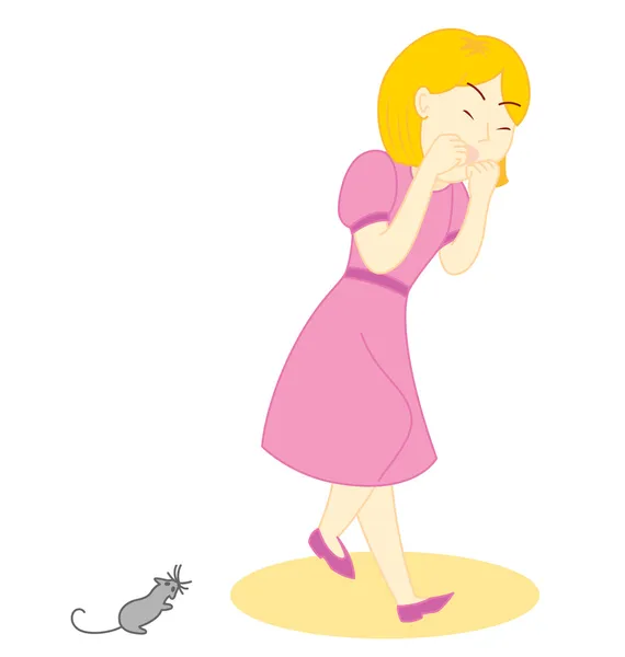 一妇女害怕被灰色的老鼠 — 图库矢量图片