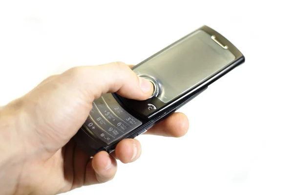 Hand Met Mobiele Telefoon Geïsoleerd Witte Achtergrond — Stockfoto