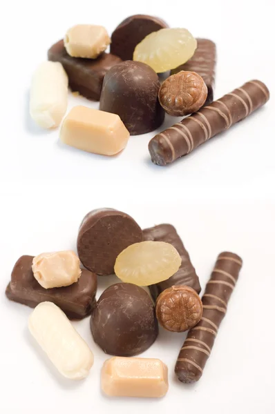 Delicioso escuro, leite e pralinés de chocolate branco . — Fotografia de Stock