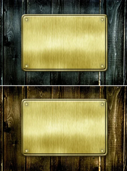 Metal sign on wood plank background — Stock Photo, Image