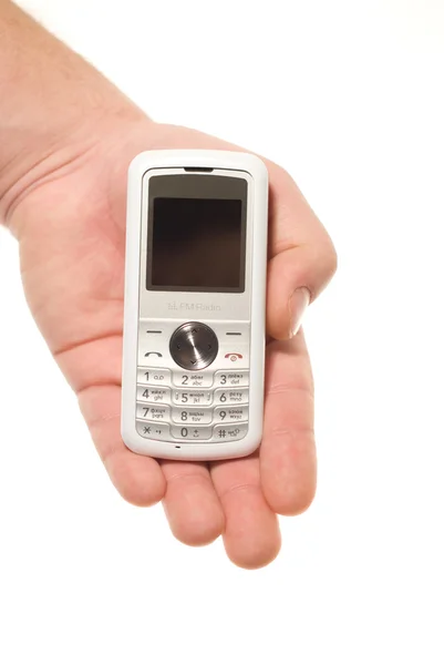Mobilephone palm el üzerinde beyaz izole — Stok fotoğraf